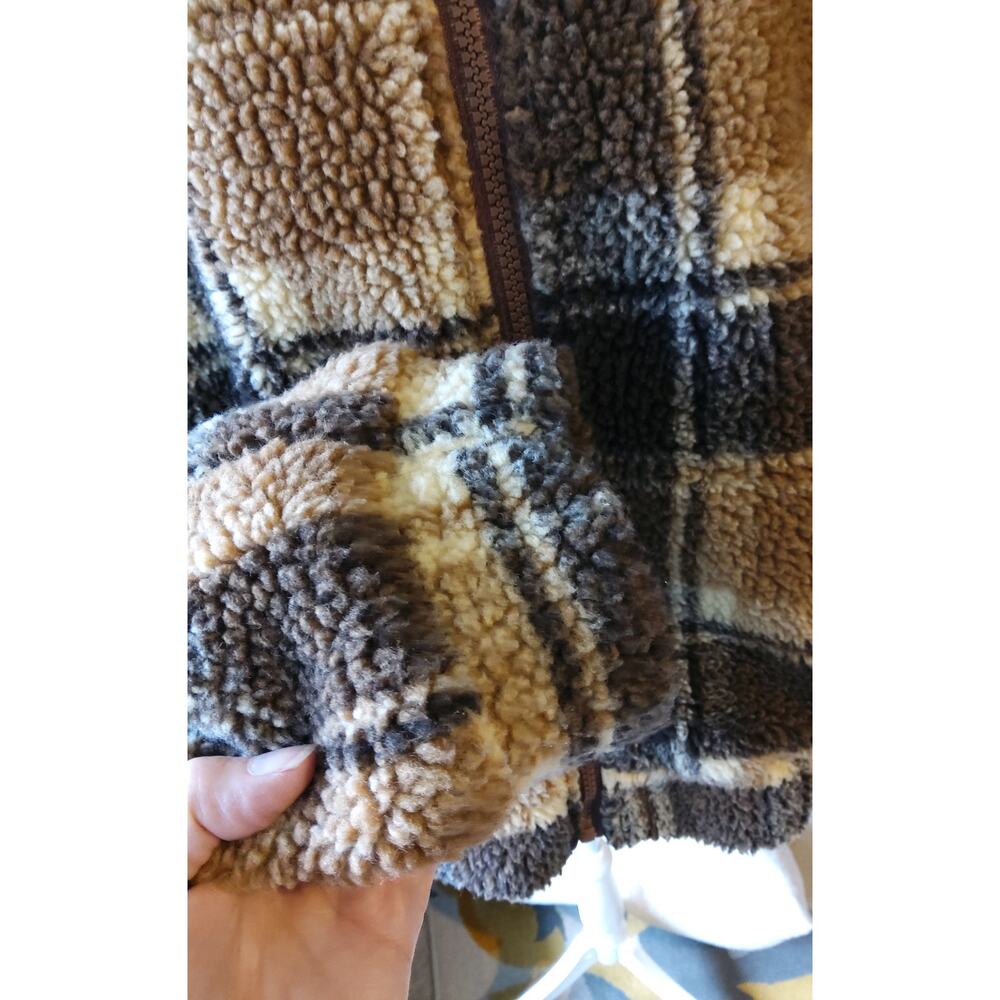Romwe Lumberjane Cropped plaid Teddy sweater jacket zip brown 100% cotton - Picture 5 of 10